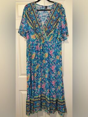Bright Turquoise Floral V-Neck Maxi Dress